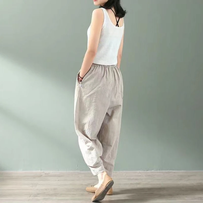 2023 Autumn New Women Ankle-Length Pants Loose 100%Cotton Wide-Leg Pants Casual Slim Harem Pants Comfortable Mom Pants
