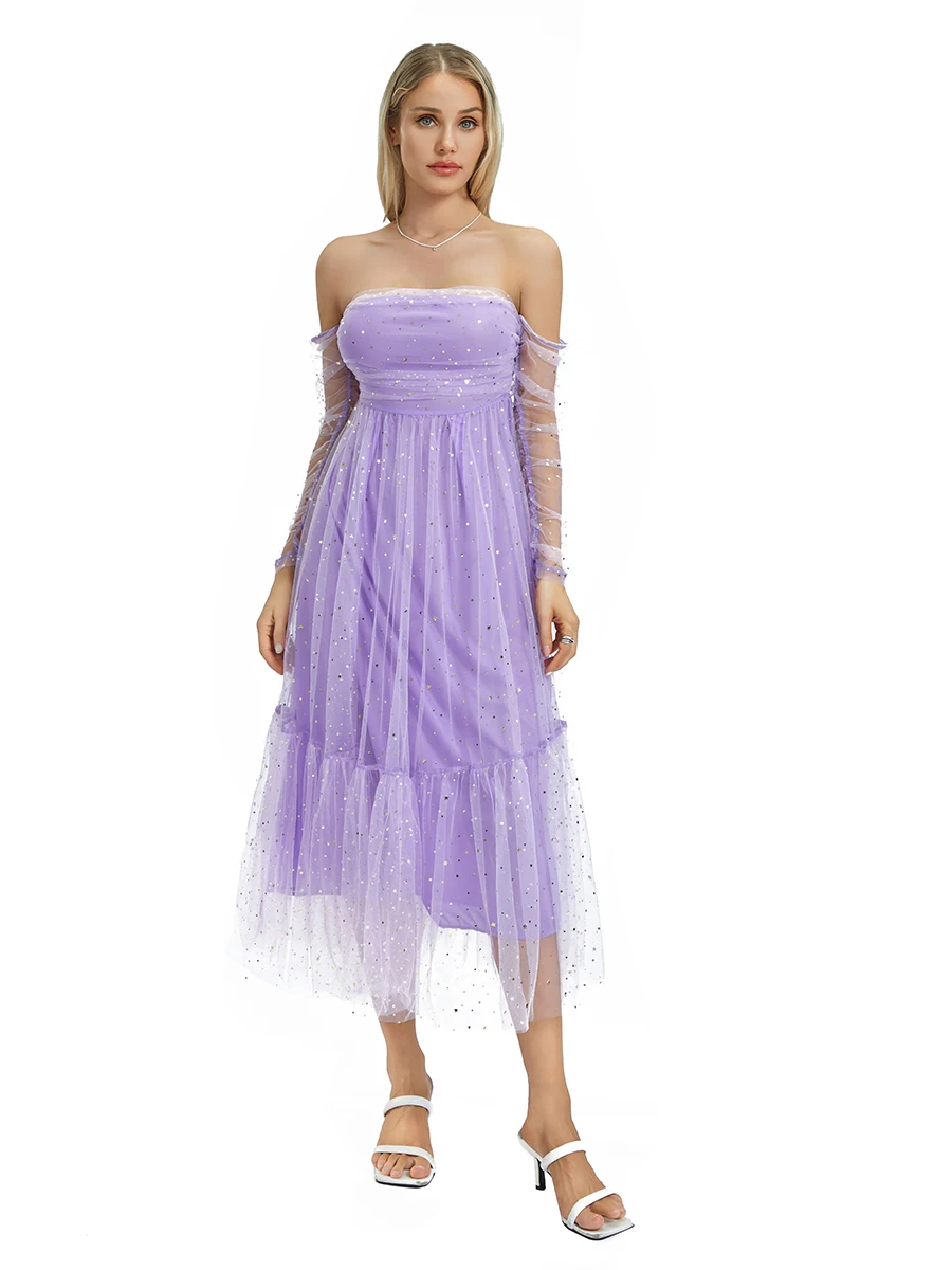 Women Long Evening Gown Dress Sequins Boat Neck Off Shoulder Long Sleeve Cocktail Dress Mesh Backless Party A-line Dress