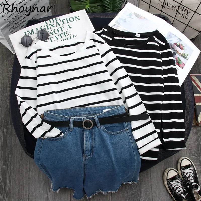 

T-Shirt Women Korean Style Leisure Simple All-match Harajuku Striped Long Sleeve Trendy Spring Girls College Soft Daily Tops