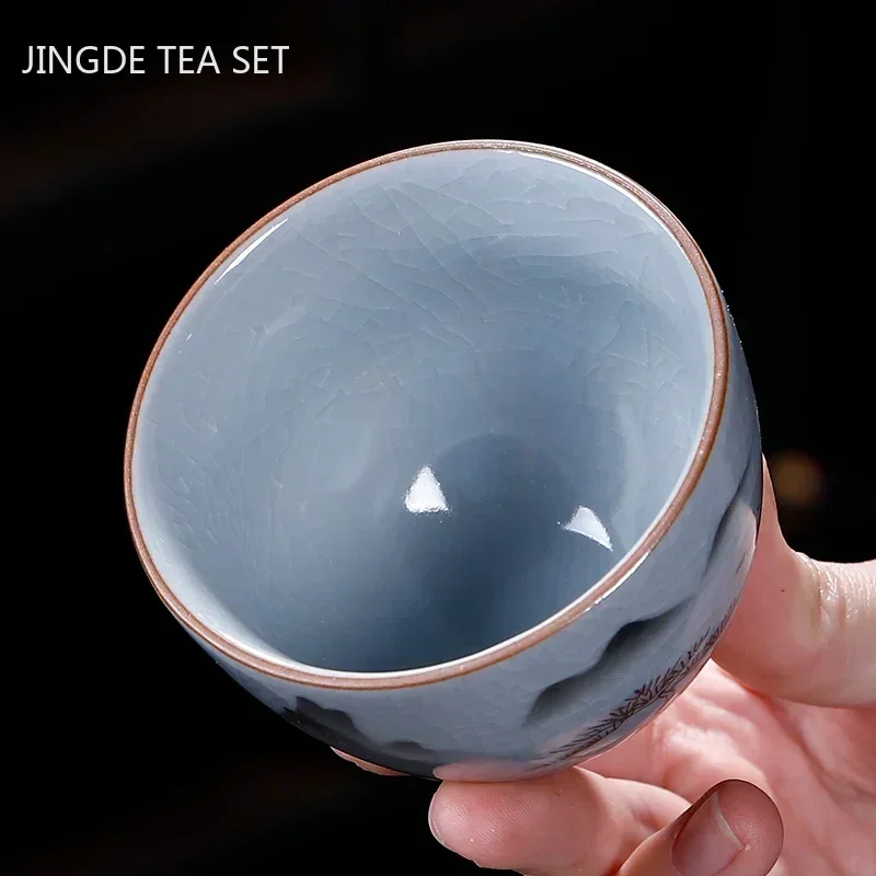 Chinese Antique Ceramic Teacup Ru Kiln Ice Cracked Glaze Tea Cup Personal Single Cup Tea Bowl Customized Household Drinkware