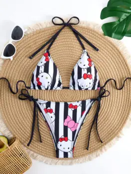 Y2K Hello Kitty Striped Bikini，Kawaii Cute Cartoon Tie Side Swimsuit，Anime Print Two Piece Bikini Set,Summer Beach Swimwear 1