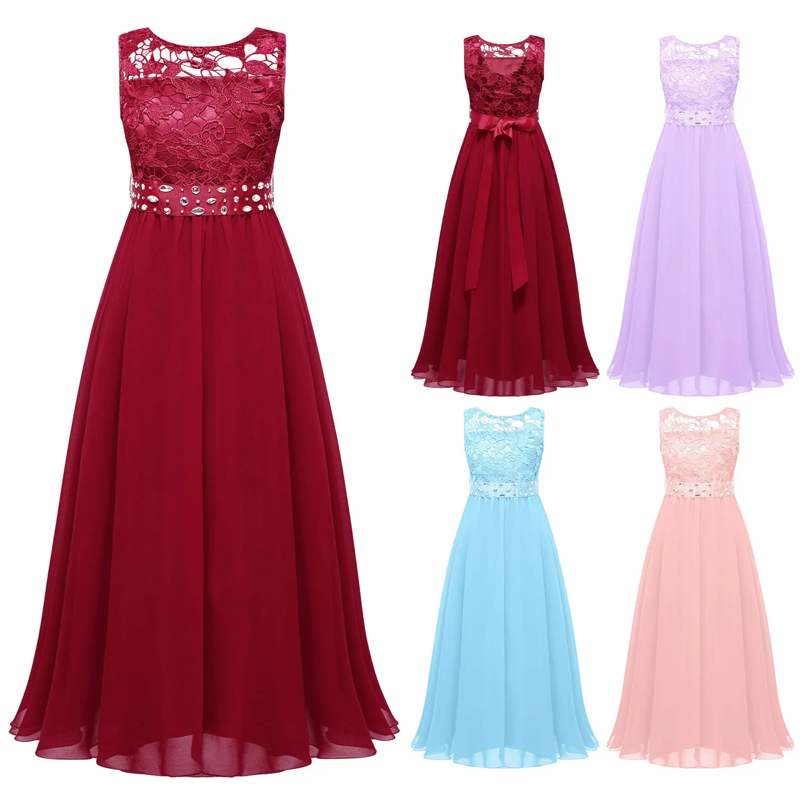 Kids Girls Hollow Out Lace Party Dress Sleeveless Elegant Chiffon Wedding Birthday Evening Princess Dresses with Beaded Sash