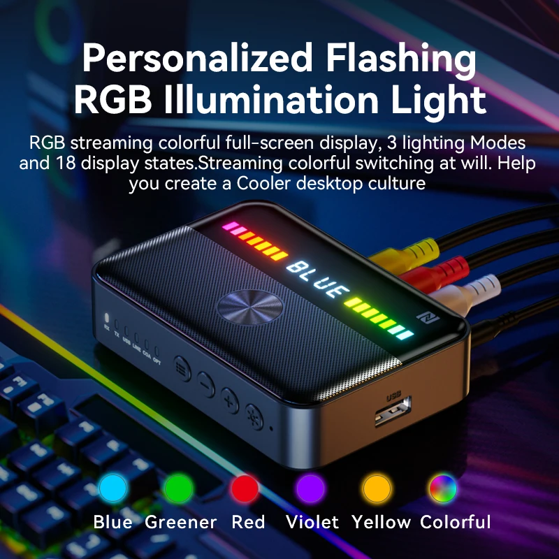 VAORLO NFC Bluetooth 5.3 오디오 수신기 송신기 RGB 다채로운 빛 USB 3.5MM AUX RCA 동축 광 DAC 변환기 PC TV 차량용 스피커 헤드폰 용 HIFI 블루투스 무선 어댑터