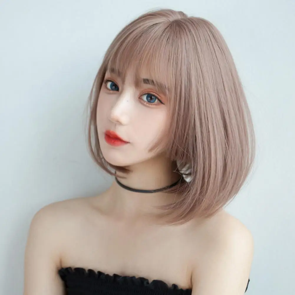 

Women Wig Girls Short Wig Fluffy Smooth Realistic Natural Pink Princess Cutting Short Wig with Air Bangs Short Hair Wig