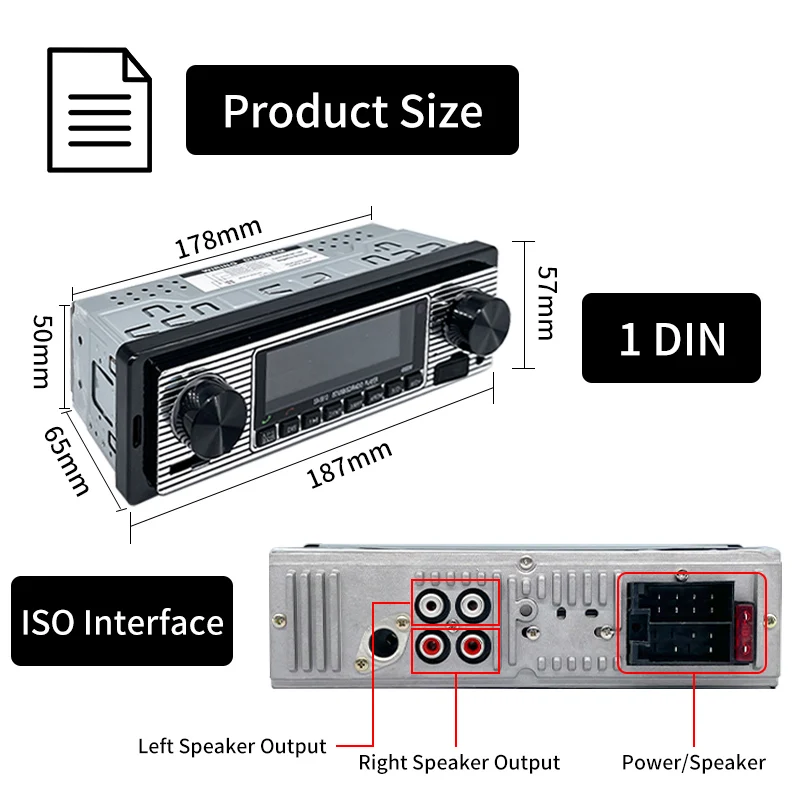 Car Audio Radio 1din Bluetooth FM Receiver MP3 Stereo Player 12V ISO Power With