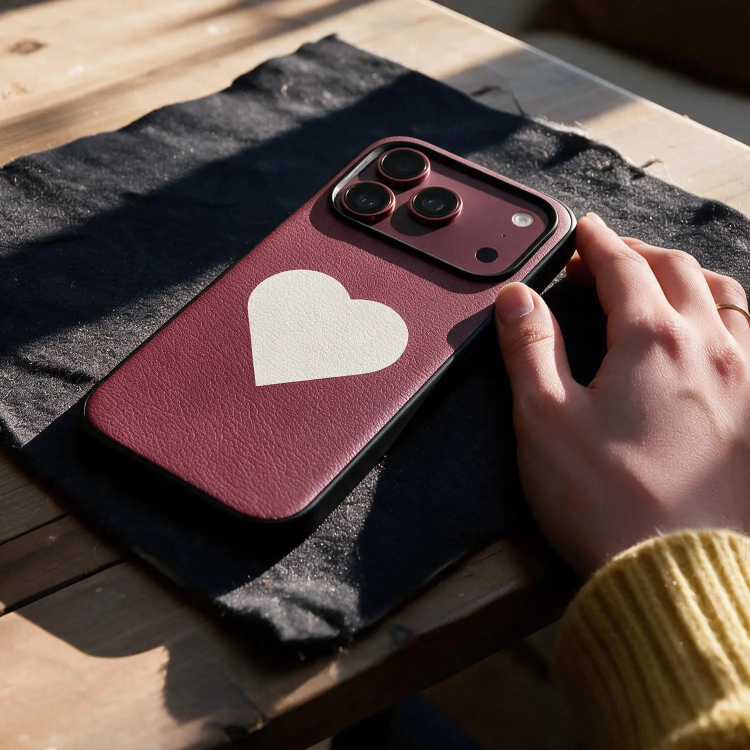 Luxury Burgundy Red Genuine Leather Shockproof Phone Case with Heart Pattern