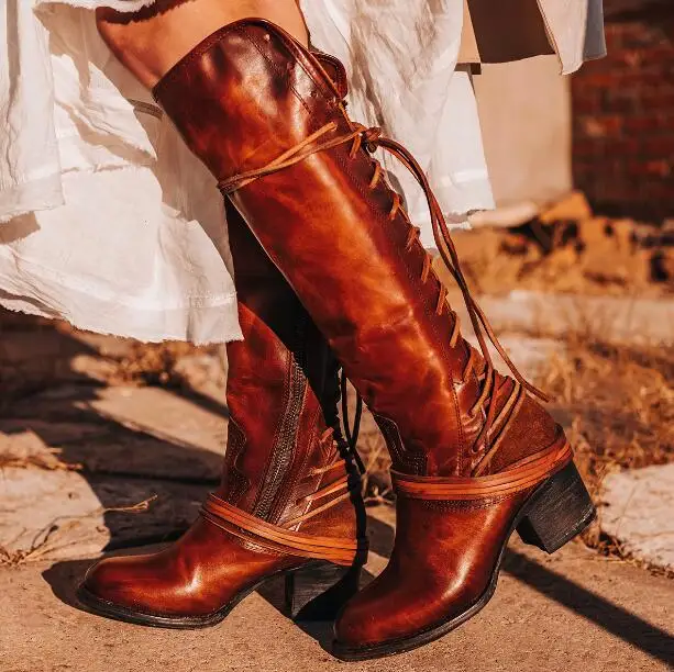 

Retro Winter Women Brown Genuine Leather Round Toe Cross Tied Lace Up Square Heels Knee High Boots Female Cowboy Knight Boots