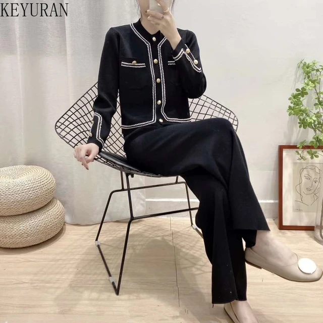 High Quality Autumn Winter Knitted Trousers Suit Women O-Neck Single  Breasted Sweater Cardigan Top + Wide Leg Pants 2 Piece Set - AliExpress