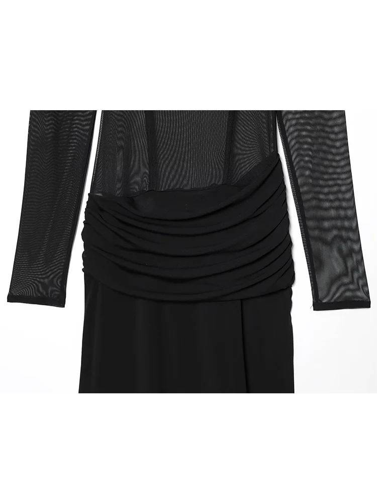 Women's Sexy Sheer Mesh Maxi Dress Chic Spliced Long Sleeve Bodycon Square Collar Dress Ladies  Party Club Pullover Dress New