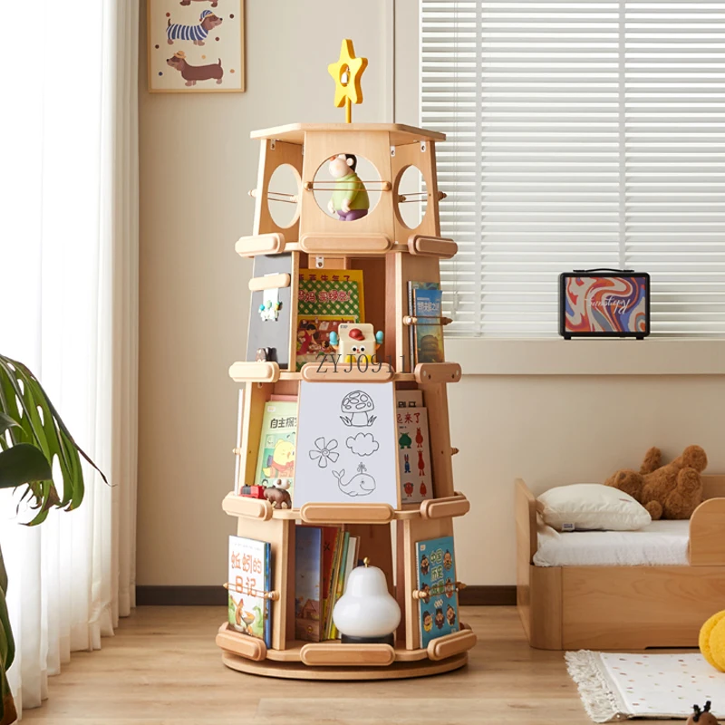 Children's rotating bookshelf 360-degree bookcase Solid wood picture book floor storage display cabinet