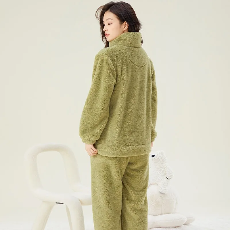 2024 New Women Pajamas Coral Velvet Zipper Loungewear Autumn Winter Warm Sleepwear Thick Simple Homewear Suit Casual Nightwear
