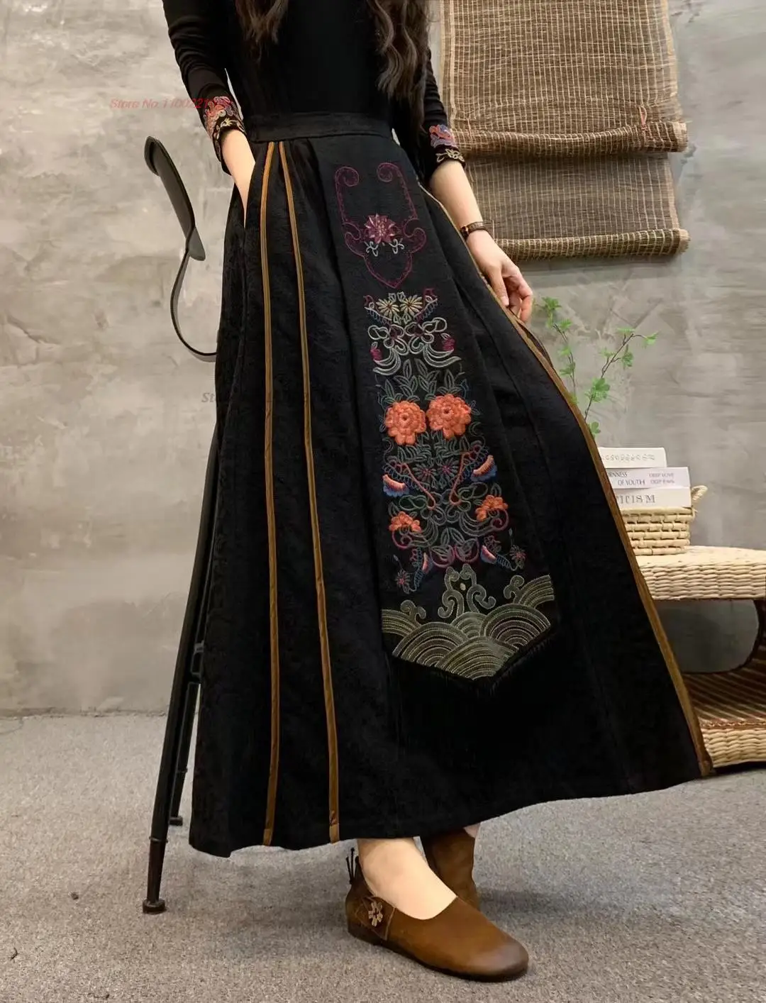 chinese vintage skirt national flower embroidered traditional cotton linen jacquard a-line skirt ethnic improved