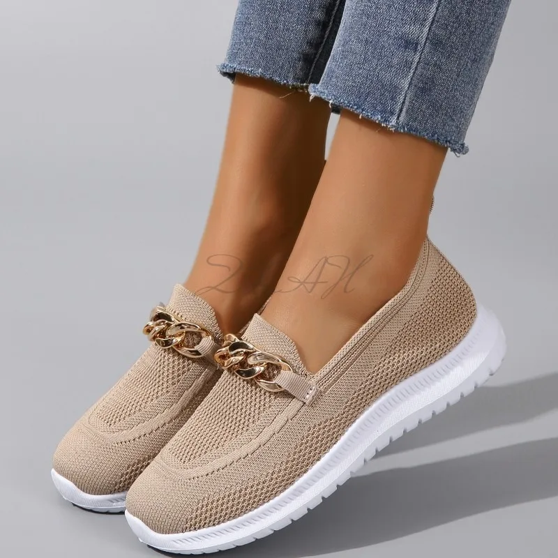 

Chain Ladies Vulcanized Slip on Shallow Autumn Women Elastic Band Flats Mesh Breathable Walking Shoes Female New Sneakers Women