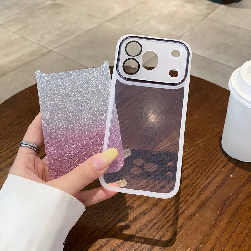 Sparkling Powder Cardboard Lens Film Case - Soft Silicone Shockproof Back Cover