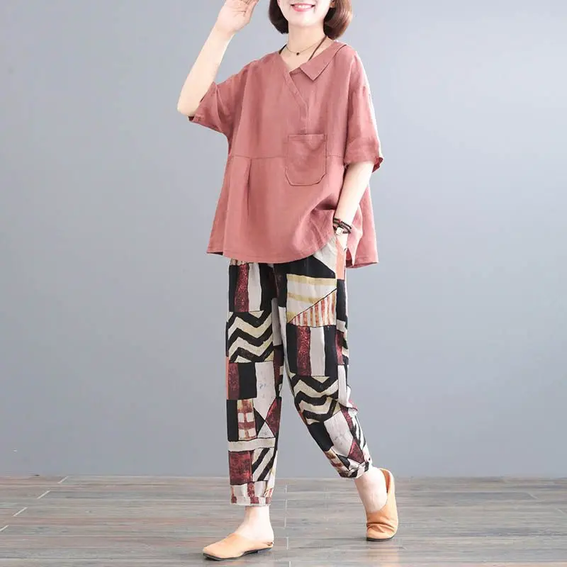2023 Summer New Pure Cotton Short Sleeve T-shirt Vintage Printed Wide Leg Pants Two Piece Elegant Women's Pants Set Outfits