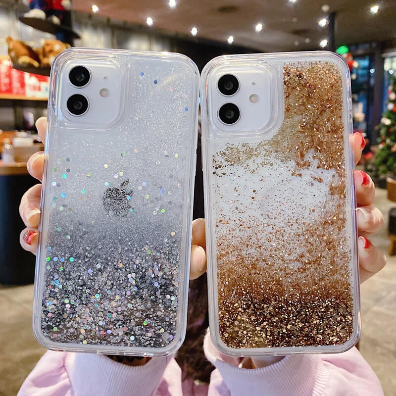 Bright Silver Gold Quicksand Per Iphone 15 Case Fundas Iphone 12 13 Pro Max 14 15 Plus Shell Carcasas Women Glitter Phone Cover