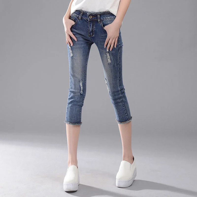 Women's Jeans Blue Denim Pants Ladies Cropped Trousers Skinny Knee Length Jeans Woman Elastic High Waist Mom Jeans