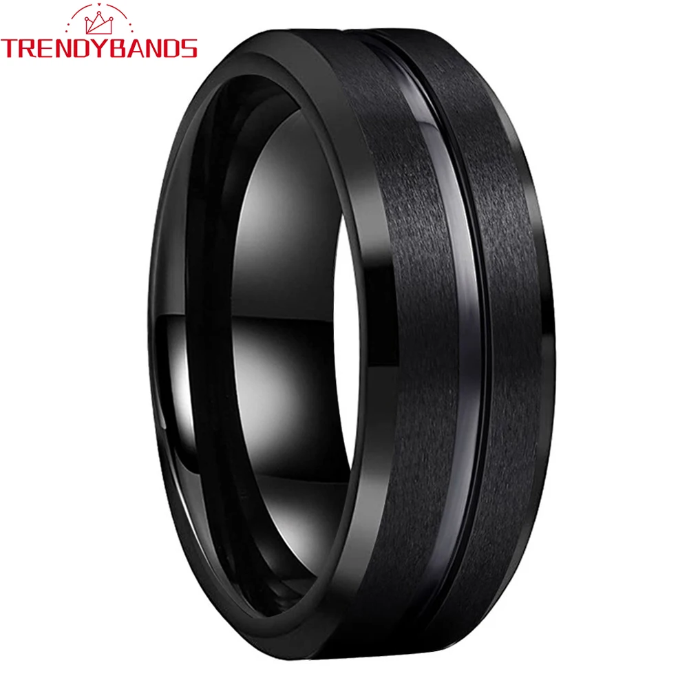 

6mm 8mm Black Tungsten Carbide Engagement Ring for Men Women Wedding Band Beveled Edges Brushed Finish With Center Grooved