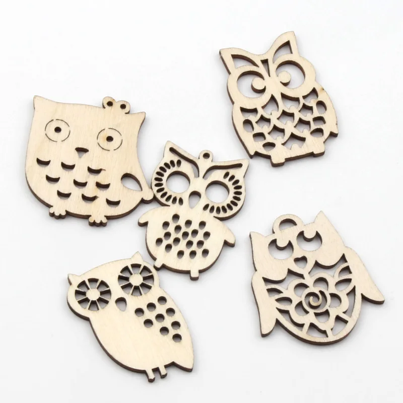 10PcsWoodenEmbellishmentHollowCutoutOwlShapeDecorCraftsfor