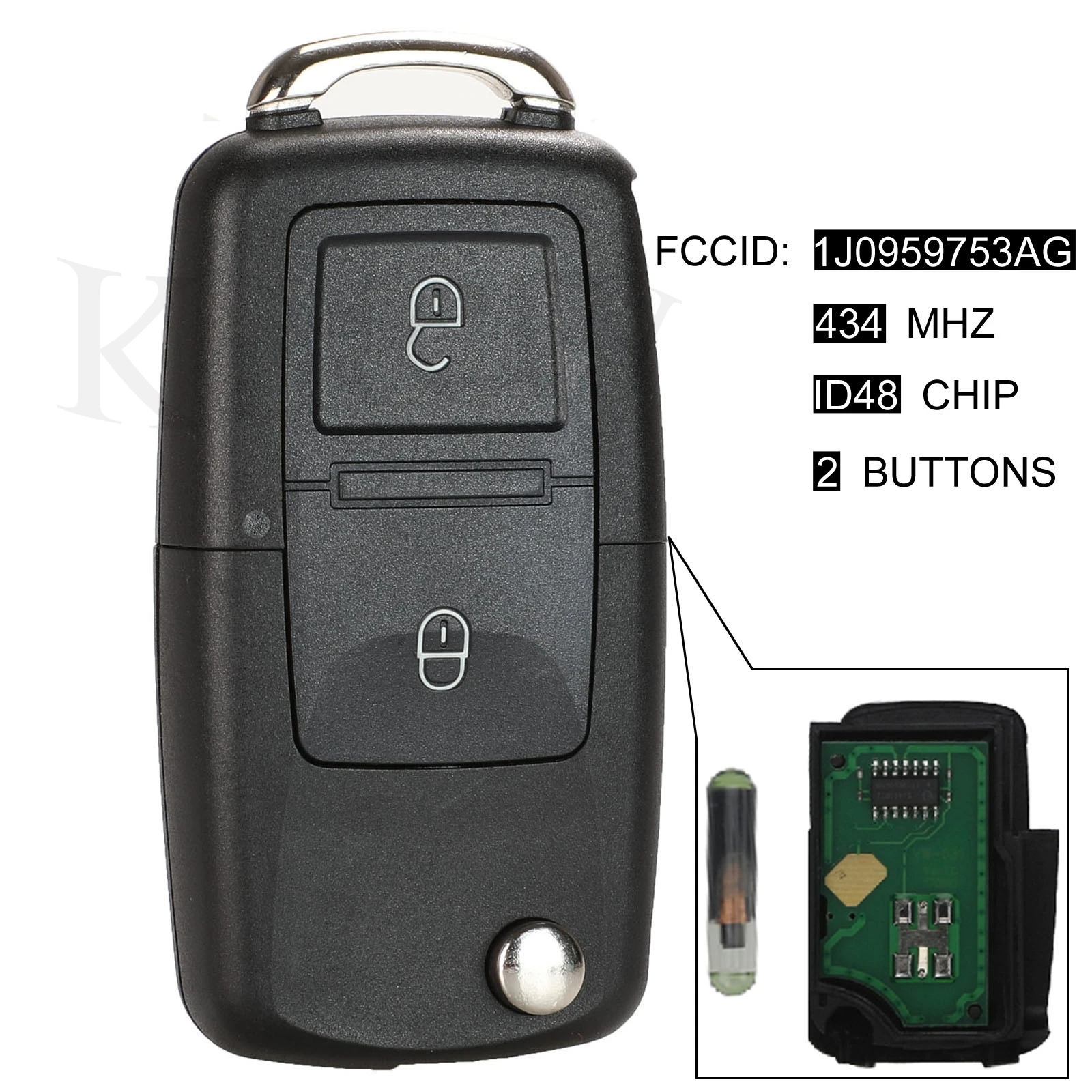 

jingyuqin 10pcs 2 Button Flip Remote Key Fob 434MHz ID48 Chip For VW Beetle Bora Golf Passat Polo Transporter T5 1J0 959 753 AG