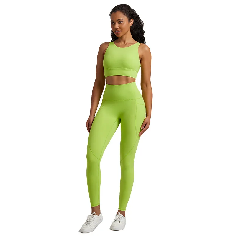 Solid Color Soft Gym Yoga Set Legging Sport Fitness Cross Gym Bra top 2pc Suit Comprehensive Training Jog pocket Women Sportwear