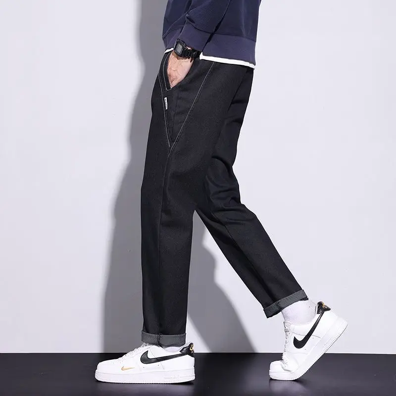 Elastic High Street Casual Men Jeans Autumn Winter Combination Straight Korean Chic All-match Solid Elastic Band Campus Pants 6