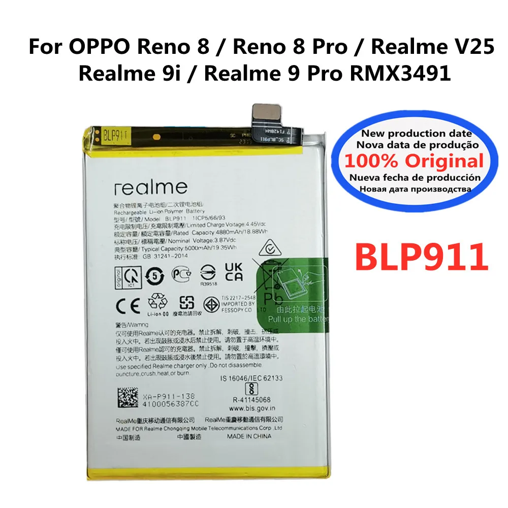 

Original BLP911 5000mAh Battery For OPPO Realme V25 / Realme 9i Realme 9 Pro 9Pro / Reno 8 / 8 Pro High Quality Phone Bateria