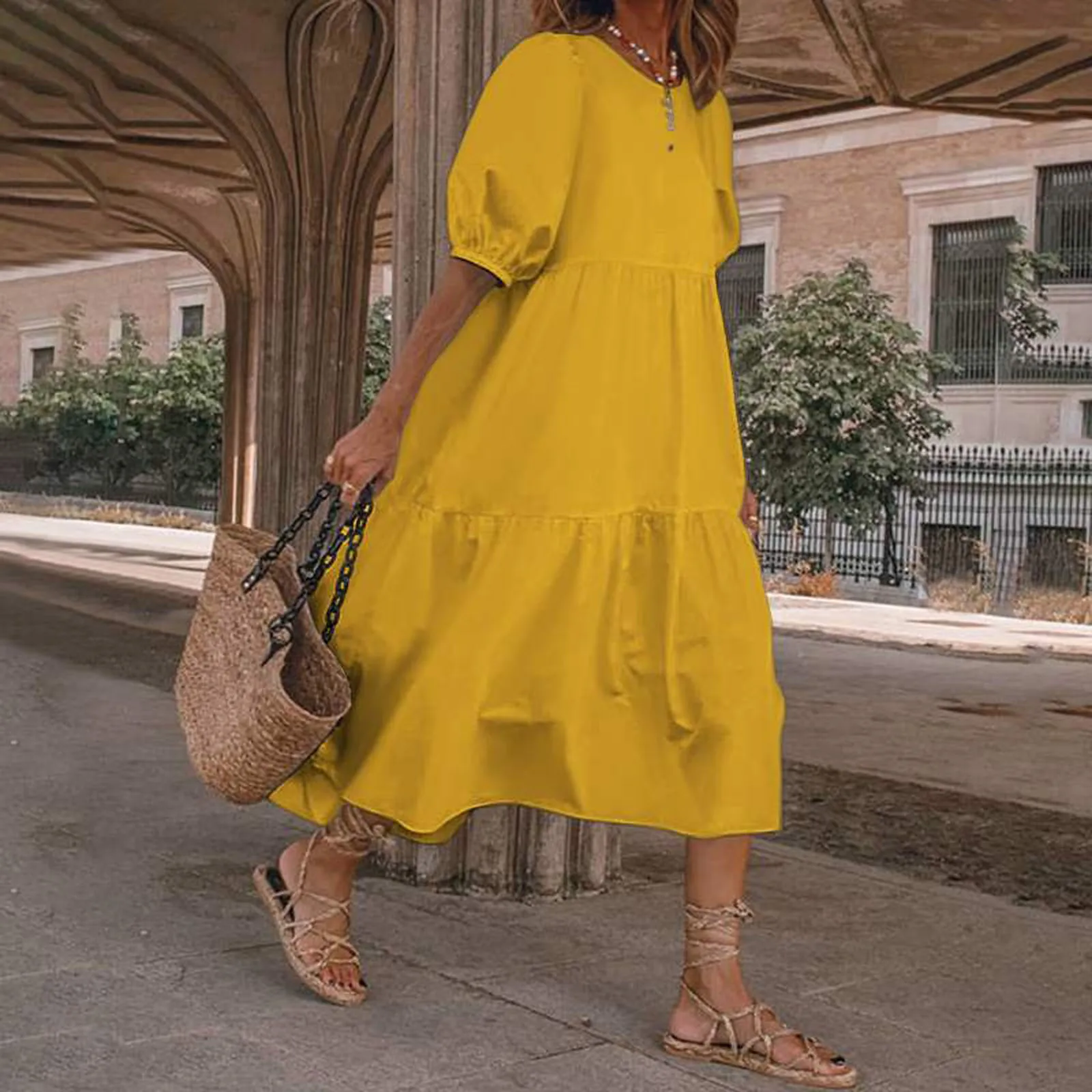 

Summer Dress Vintage Lantern Sleeve Mid-Calf Dress Beach Bohemian Women Summer Sundress 2024 Casual Vestido Oversized Robe