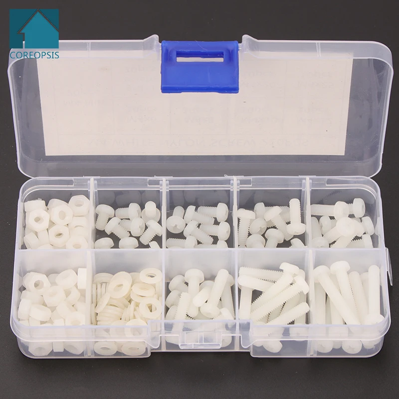 

210PCS M4 Nylon Screw Round Head Phillips Bolts Hex Nuts Set White Black Plastic Screws Washers Assortment Kit M4NLB052 M4NLH056