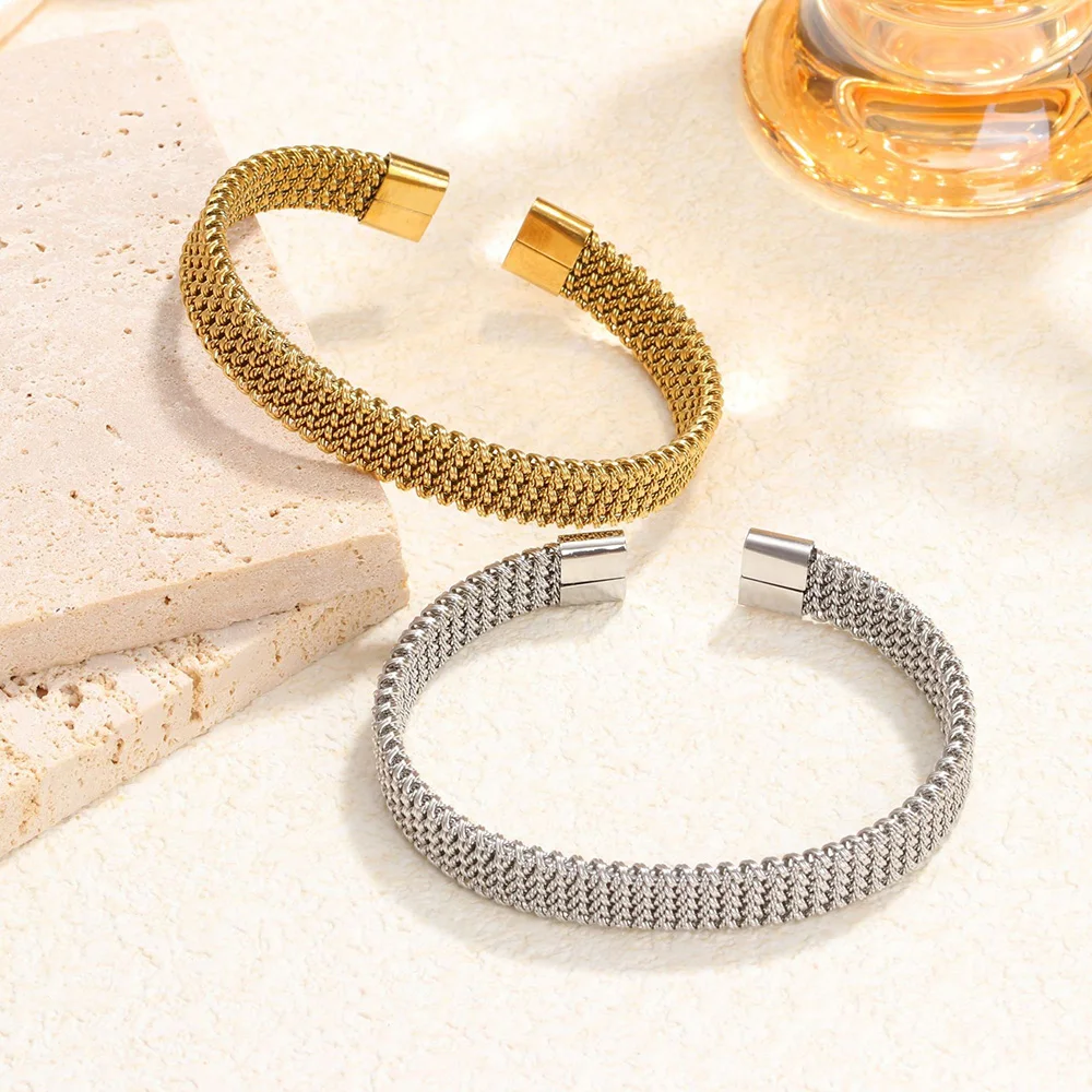 Fashion Woven Flat Mesh C-Shaped Open Bracelet Vintage Gold Plated Bangle Stainless Steel Jewelry for Women Men Gift Waterproof