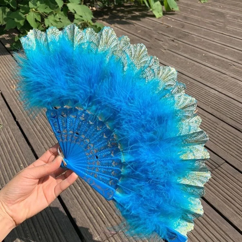 Folding Fan Hand Fan Vintage Folding Fan Feather Lace Chinese Japanese Pattern Craft Fans Dance Hand Fan Can DIY Feathers Home Ornaments Decoration