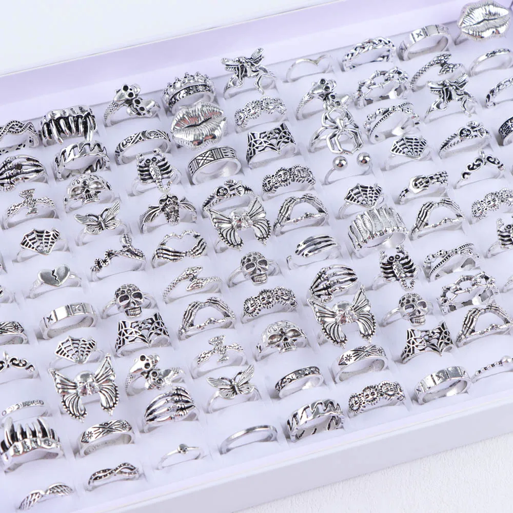 10/20/30/50Pcs/Lot Punk Finger Ring Set For Men Women Mix Style Flower Tai Ji Heart Love Snake Jewelry Party Gifts 1