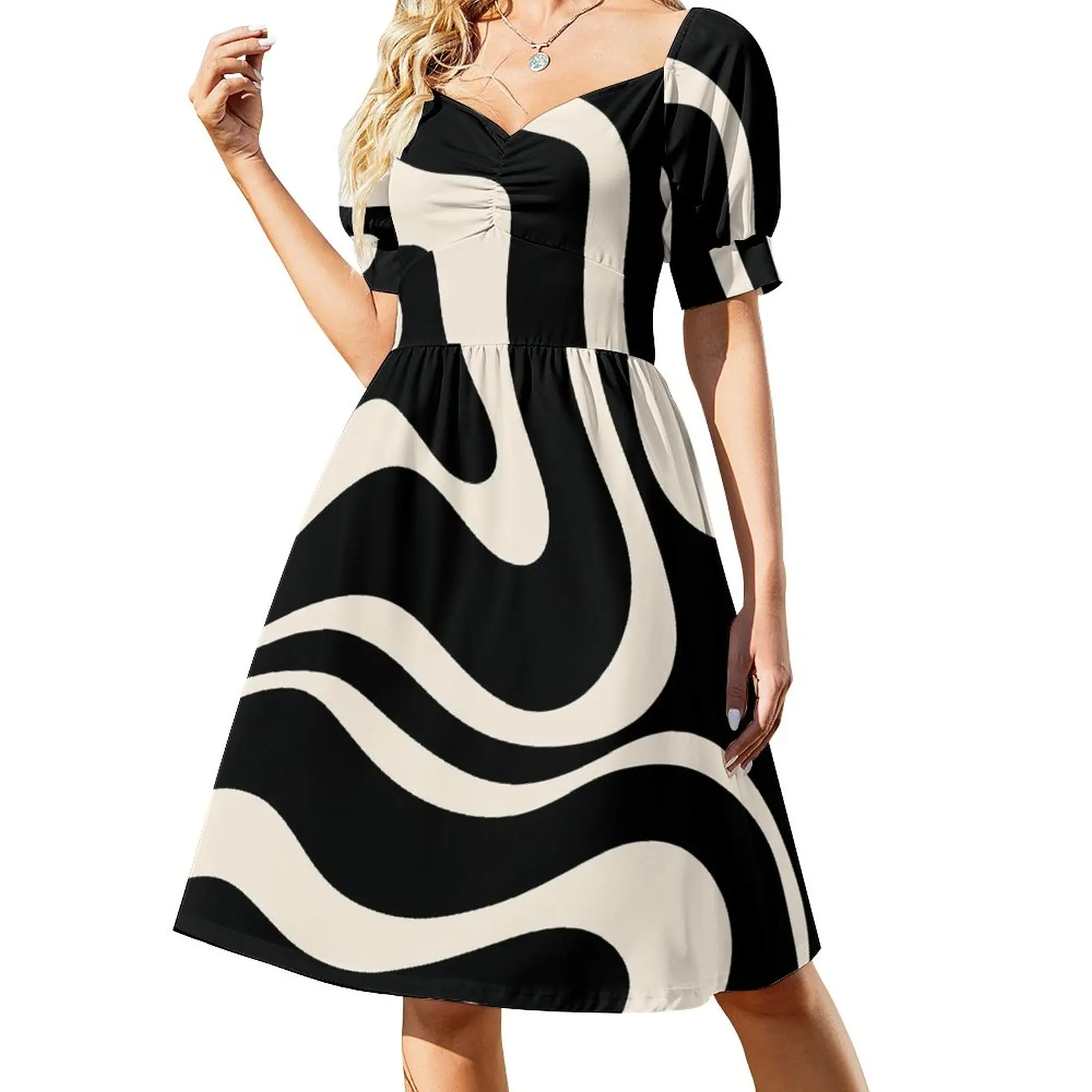 

Modern Liquid Swirl Abstract Pattern Square in Black and Almond Cream Sleeveless Dress Clothing sexy dress for women