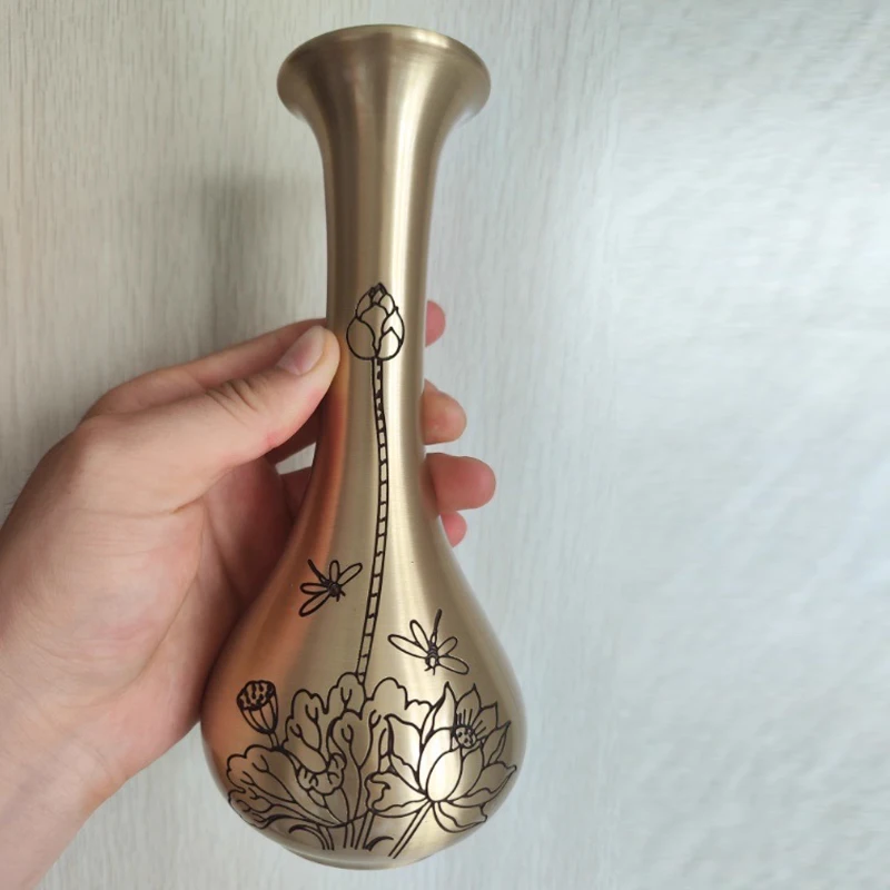 Chinese Style Creative Copper Vases Ornament, Home Living Room Desktop Decorations, Carving Lotus Pattern, Metal Brass Vase, 1Pc