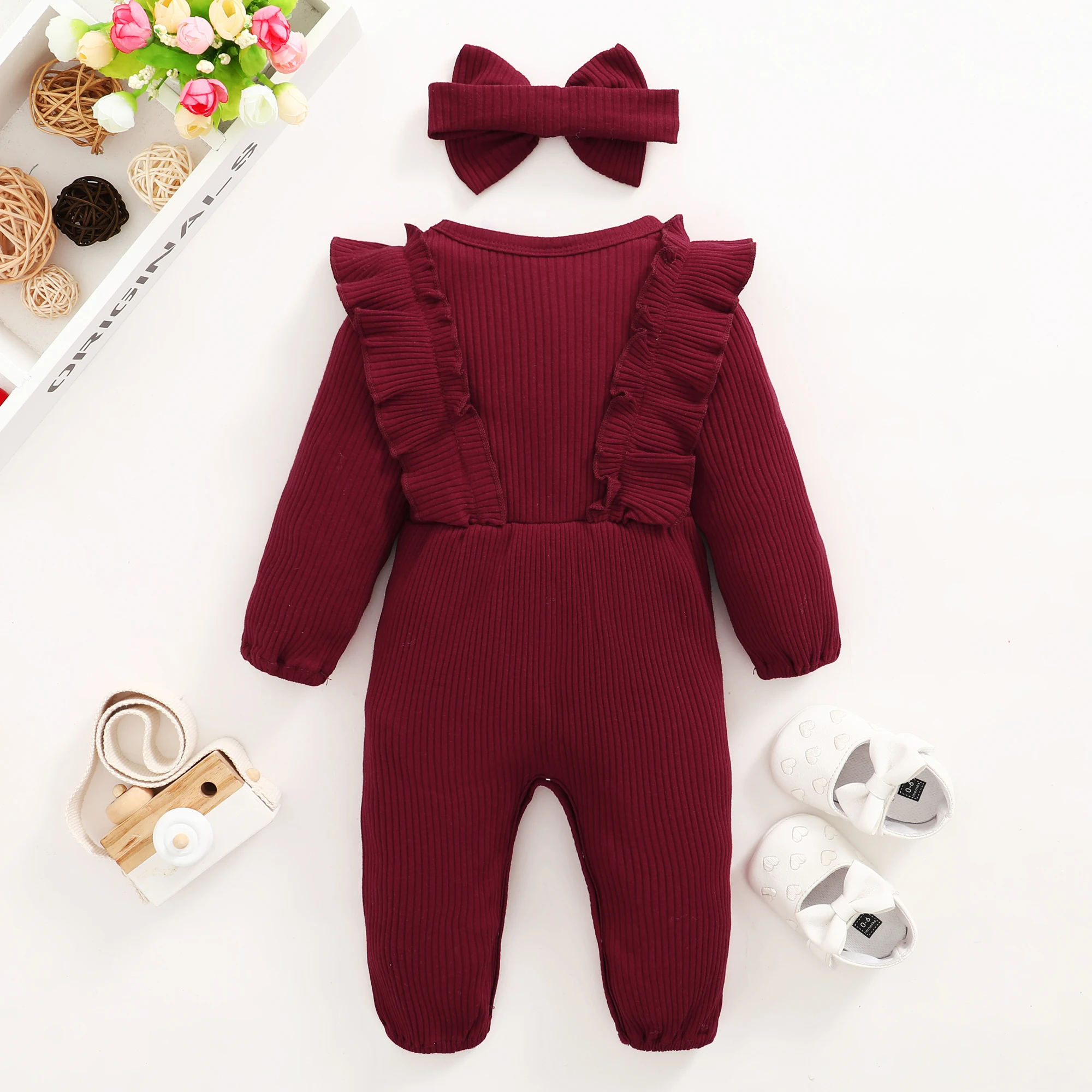 Neugeborenes Baby Stram pler Langarm Rüschen Body mit Stirnband Herbst & Winter Stram pler Outfit Kleidung für Baby 0-18 Monate – Detail 14