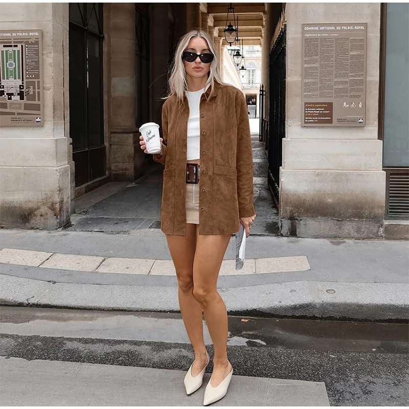 Casual Suede Long Sleeve Jackets Women Autumn Loose Brown Lapel Coat Top With Pockets Female Elegant Chic Street New in Outwear