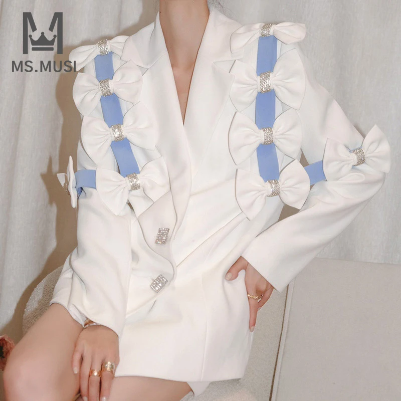 

MSMUSI 2022 New Fashion Women Sexy V Neck Bow Crystal Button Long Sleeve Bodycon Party Club Blazer Mini Dress Jacket Outerwear