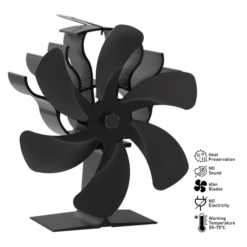 6 Blade Heat Powered Stove Fan Black Fireplace Fan Wood Burner Eco