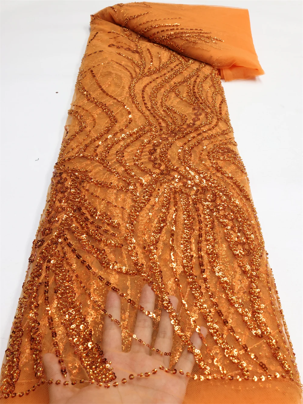 

Nigerian French Lace Fabric High Quality African Sequin Embroidered Luxurious White Beaded Lace Fabric 5 Yards Wedding LY1699