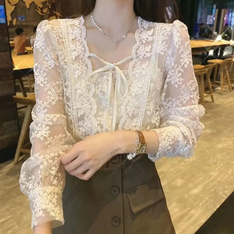 

Small square neck lace bottom women long sleeves blouse 2023 autumn mesh and foreign tie up design unique blouse female top