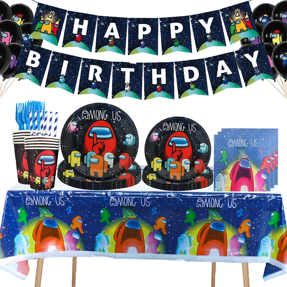 

Amongus Birthday Cake Decoration Paper Tableware Supplies 32'' Number Among Balloons Birthday Banner Tablecover Among Gift Bags