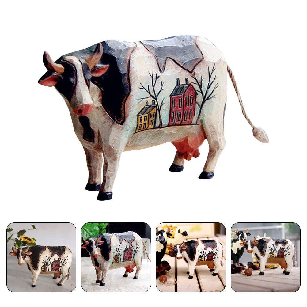 

Artificial Wood Cow Home Decor Farmhouse Sculpture Ornament Small Figurines Resin Model Office Desk