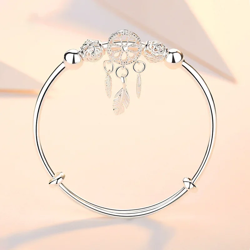 

925 Sterling Silver Bangle Tassel Feather Round Bead Charm Bracelet Cuff Bohemia For Women Elegant Wedding Adjustable Size