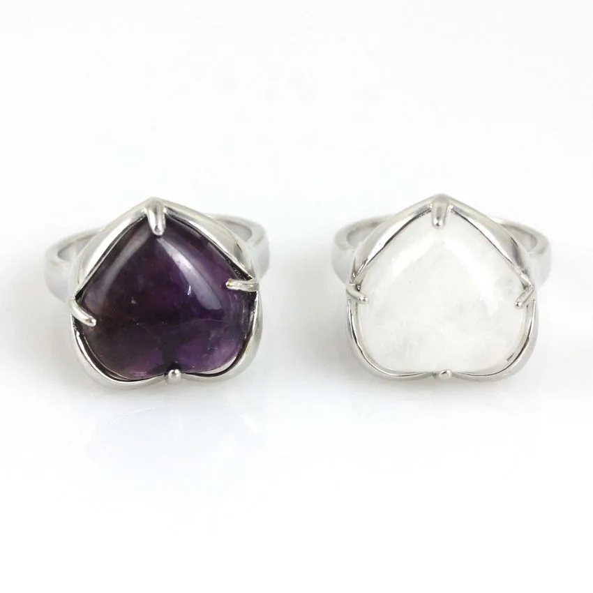 Crystal Heart Rings Natural Amethyst Rose Quartz Lapis Lazuli Aventurine Agate Stone Adjustable Finger Ring For Women Men Girls 3