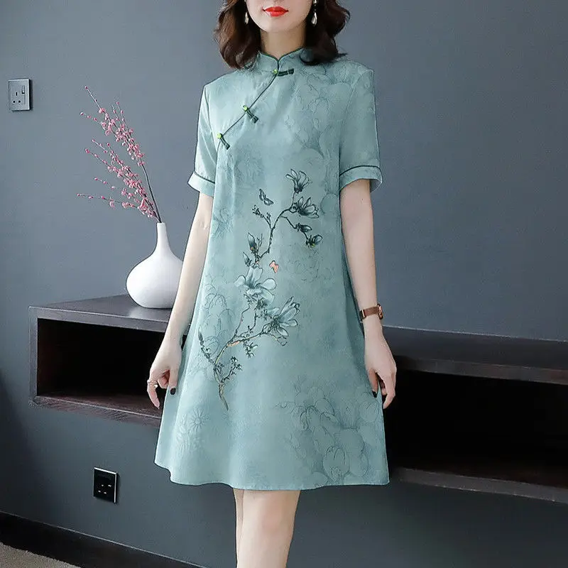 

Chinese National Printing Cheongsam New Spring Summer Slim Elegant Improved Hanfu Dress Short Sleeve Vintage Silk Qipao Dresses