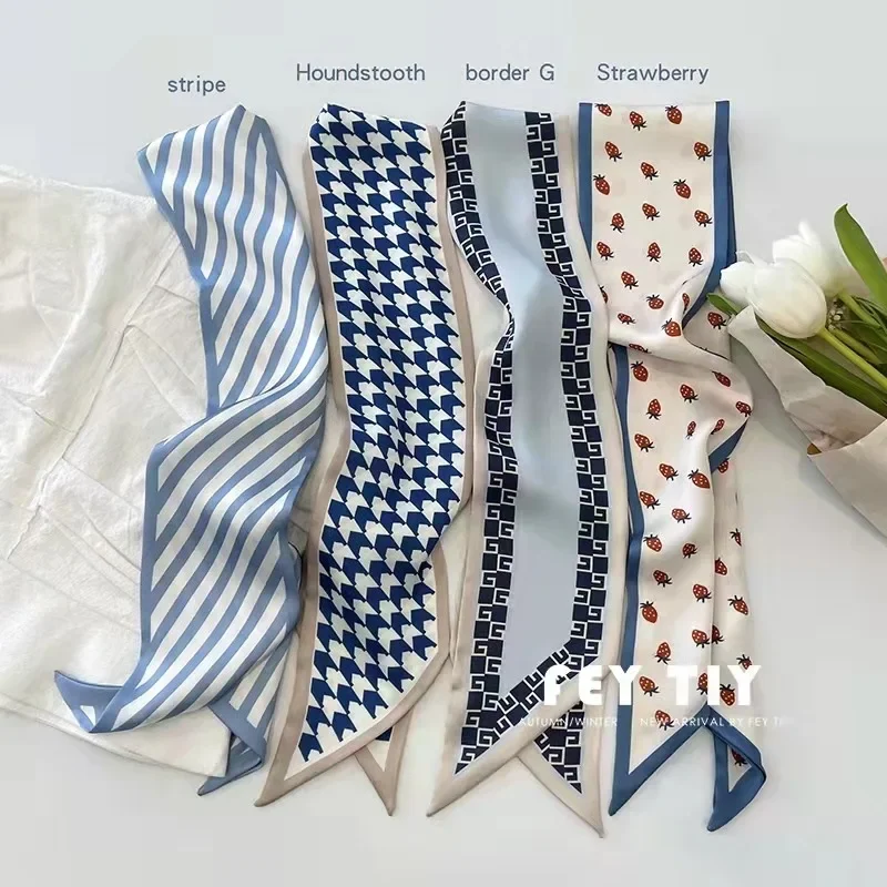 Misty blue silk scarf female INS long strip band buns hair band of simulation silk scarves spring and summer lesida pure silk scarf women large shawls stoles tree print square scarves echarpes foulards femme wrap bandanas 130 130cm 1303