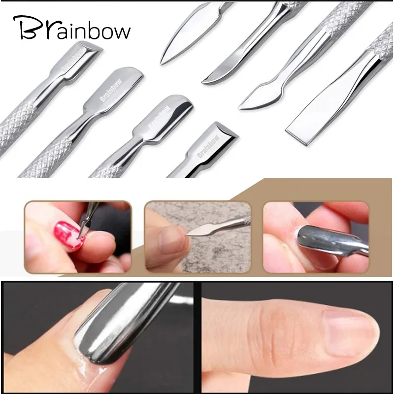 Brainbow Nail Art& Tools Stainless Steel Cuticle Pusher Two-End UV Gel Polish Remover Dead Skin Pusher Nail Art Manicure Tools