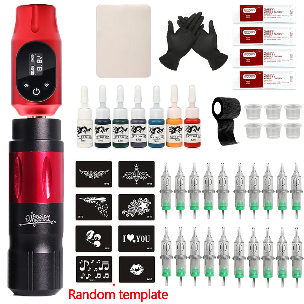 Newest RCA Jack Complete Tattoo Machine Kit Urban Rotary Pen With LED Wireless Tattoo Power Supply Cartridge Needle For Body Art