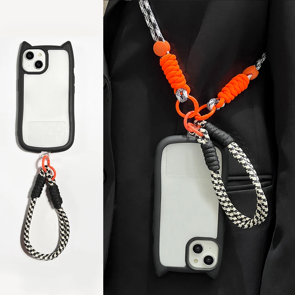 Crossbody Strap Lanyard Cute Cat Ears Silicone Phone Case For iPhone 14 11 13 12 15 16 Pro Max XR XS Max X Soft Protective Cover