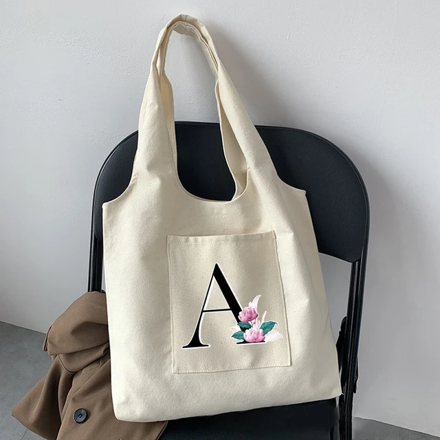 White/Black Personalized Initial CANVAS TOTE Letter "0"